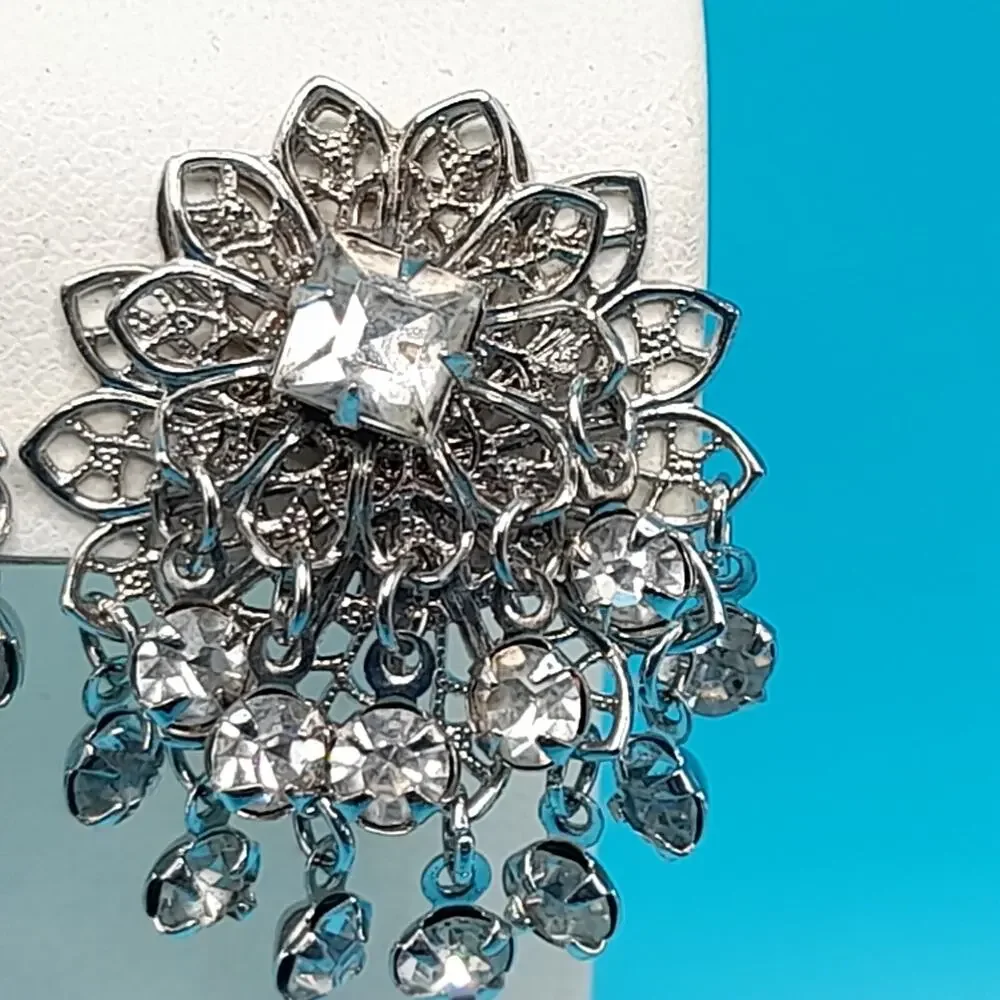 Vintage Waterfall Rhinestone Filigree Clip-On Earrings Tassel Dangle